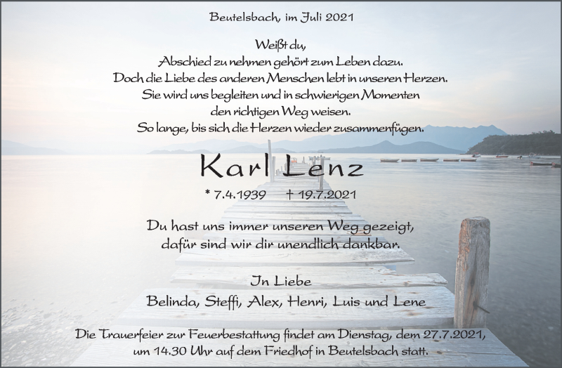  Traueranzeige für Karl Lenz vom 22.07.2021 aus Waiblinger Kreiszeitung