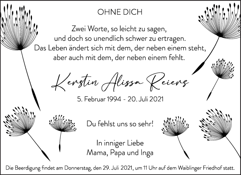  Traueranzeige für Kerstin Alissa Reiers vom 24.07.2021 aus Waiblinger Kreiszeitung