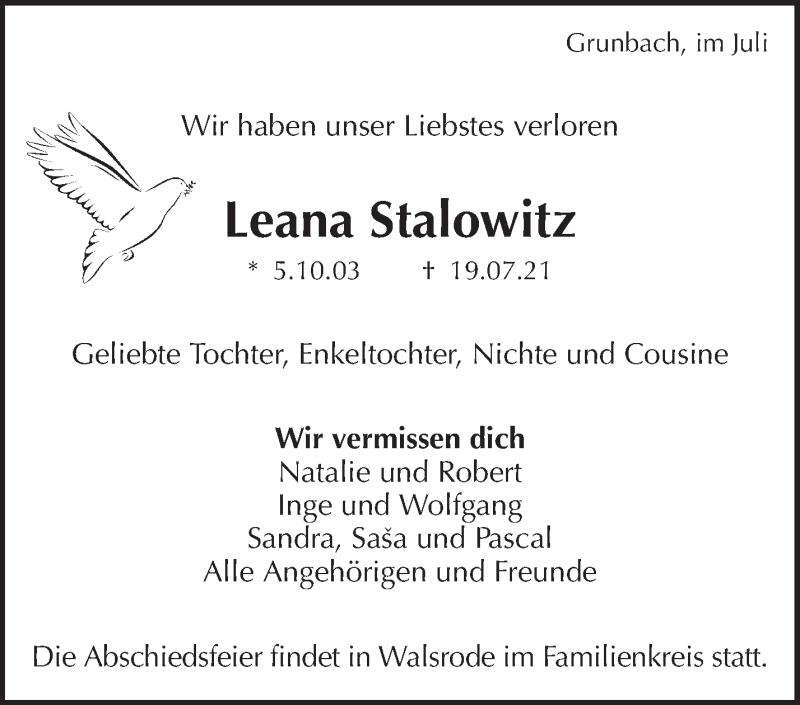  Traueranzeige für Leana Stalowitz vom 24.07.2021 aus Waiblinger Kreiszeitung