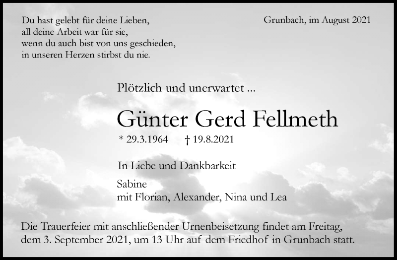  Traueranzeige für Günter Gerd Fellmeth vom 27.08.2021 aus Waiblinger Kreiszeitung