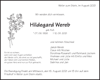 Traueranzeige von Hildegard Wereb von Waiblinger Kreiszeitung