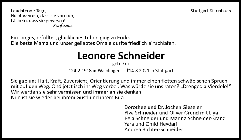  Traueranzeige für Leonore Schneider vom 19.08.2021 aus Waiblinger Kreiszeitung