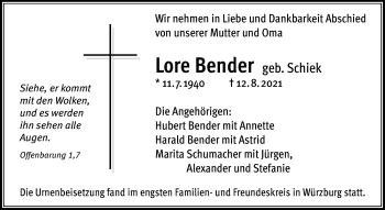 Traueranzeige von Lore Bender von Waiblinger Kreiszeitung
