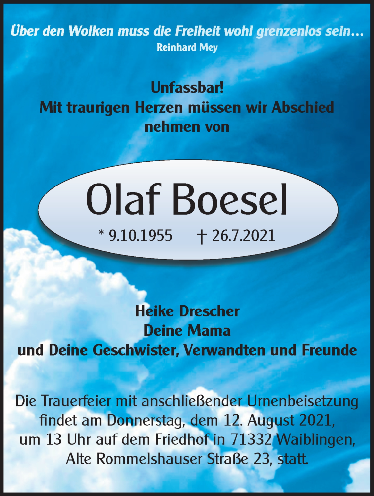  Traueranzeige für Olaf Boesel vom 07.08.2021 aus Waiblinger Kreiszeitung