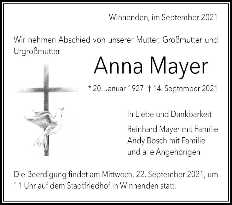  Traueranzeige für Anna Mayer vom 17.09.2021 aus Waiblinger Kreiszeitung