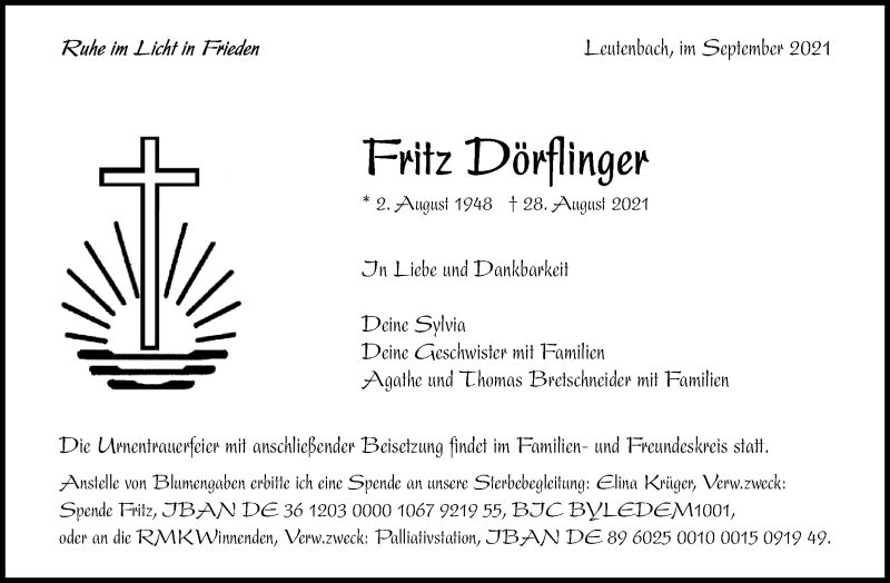  Traueranzeige für Fritz Dörflinger vom 04.09.2021 aus Waiblinger Kreiszeitung