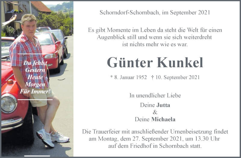  Traueranzeige für Günter Kunkel vom 18.09.2021 aus Waiblinger Kreiszeitung