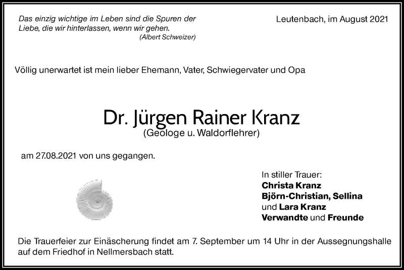  Traueranzeige für Jürgen Rainer Kranz vom 02.09.2021 aus Waiblinger Kreiszeitung