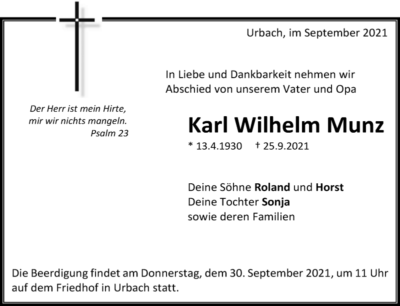  Traueranzeige für Karl Wilhelm Munz vom 28.09.2021 aus Waiblinger Kreiszeitung