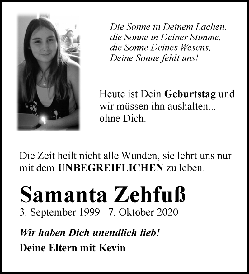  Traueranzeige für Samanta Zehfuß vom 03.09.2021 aus Waiblinger Kreiszeitung