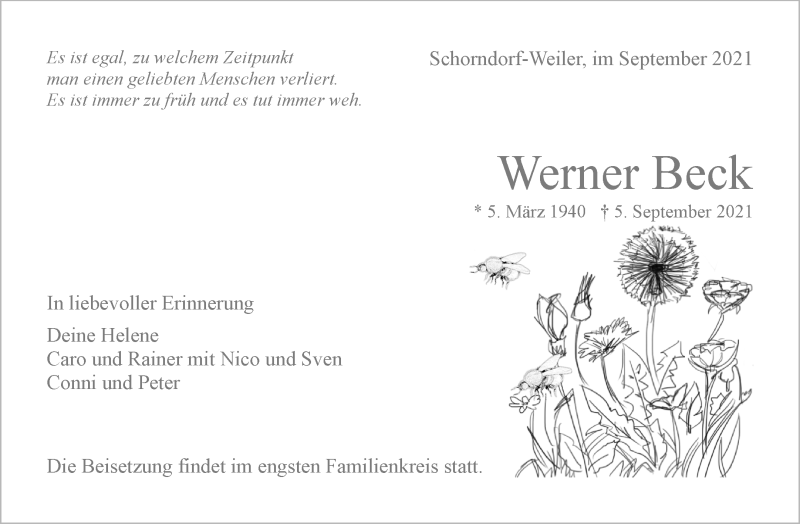  Traueranzeige für Werner Beck vom 11.09.2021 aus Waiblinger Kreiszeitung