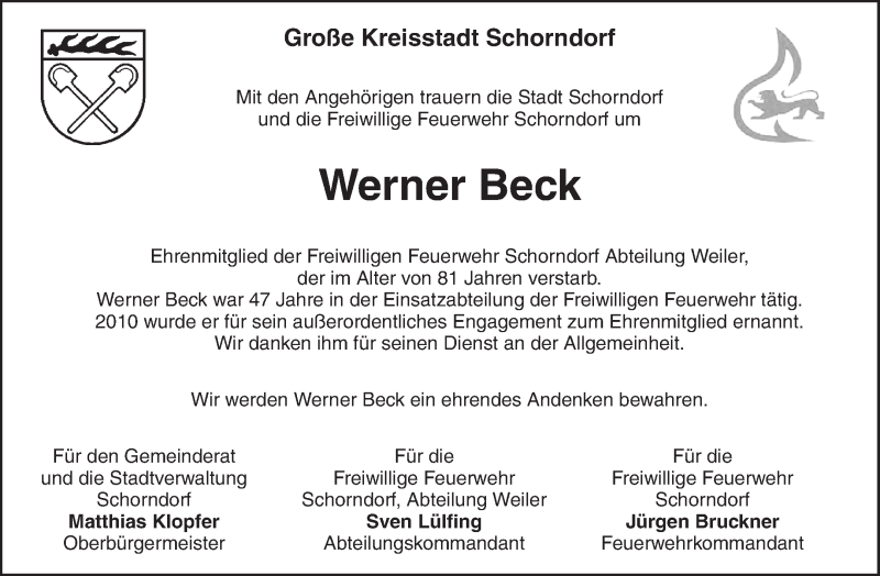  Traueranzeige für Werner Beck vom 11.09.2021 aus Waiblinger Kreiszeitung