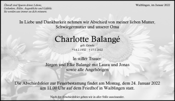 Traueranzeige von Charlotte Balangé von Waiblinger Kreiszeitung