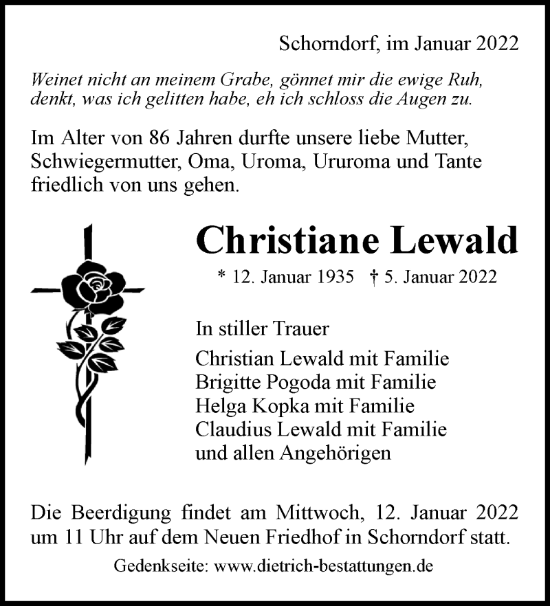  Traueranzeige für Christiane Lewald vom 08.01.2022 aus Waiblinger Kreiszeitung