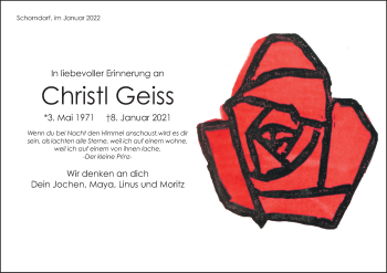 Traueranzeige von Christl Geiss von Waiblinger Kreiszeitung