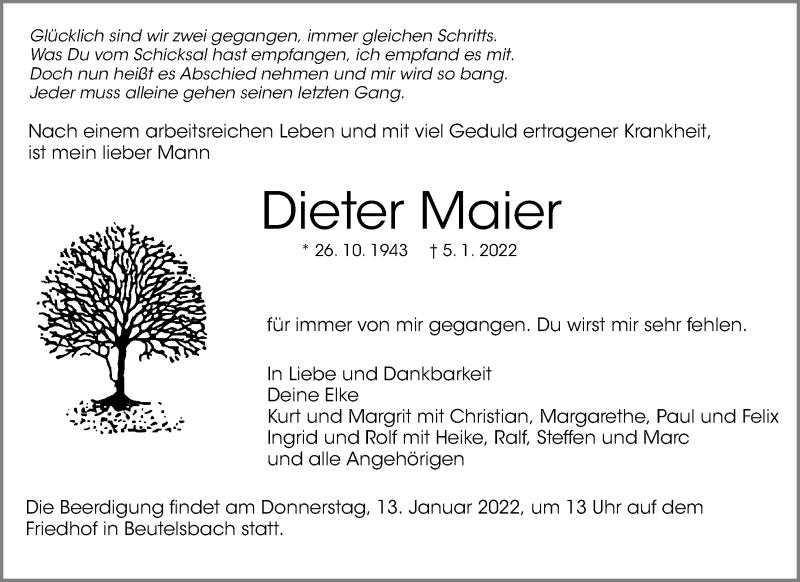  Traueranzeige für Dieter Maier vom 10.01.2022 aus Waiblinger Kreiszeitung