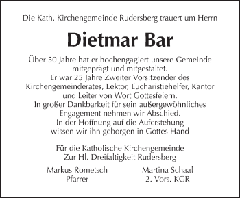 Traueranzeige von Dietmar Bar von Waiblinger Kreiszeitung