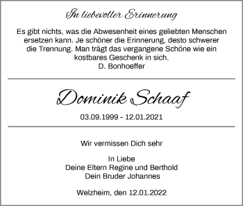 Traueranzeige von Dominik Schaaf von Waiblinger Kreiszeitung