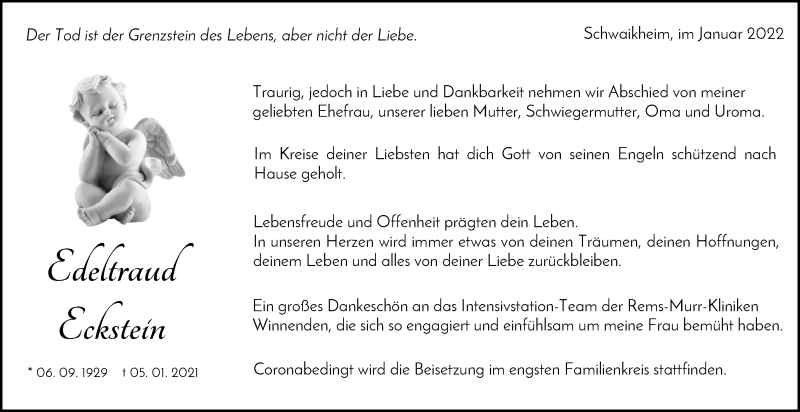  Traueranzeige für Edeltraud Eckstein vom 07.01.2022 aus Waiblinger Kreiszeitung