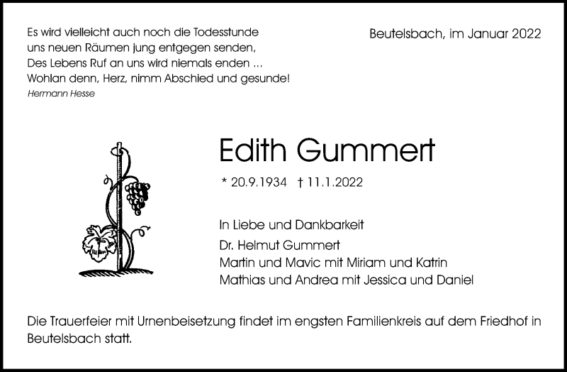  Traueranzeige für Edith Gummert vom 14.01.2022 aus Waiblinger Kreiszeitung
