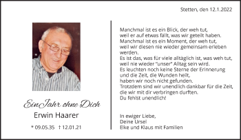 Traueranzeige von Erwin Haarer von Waiblinger Kreiszeitung