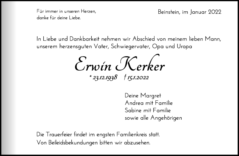  Traueranzeige für Ewin Kerker vom 20.01.2022 aus Waiblinger Kreiszeitung