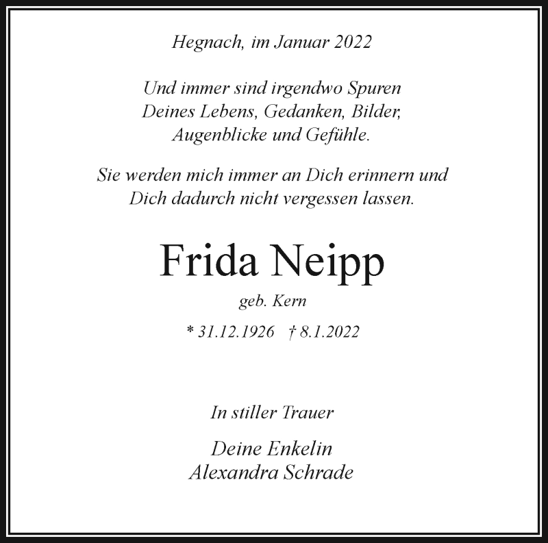  Traueranzeige für Frida Neipp vom 12.01.2022 aus Waiblinger Kreiszeitung