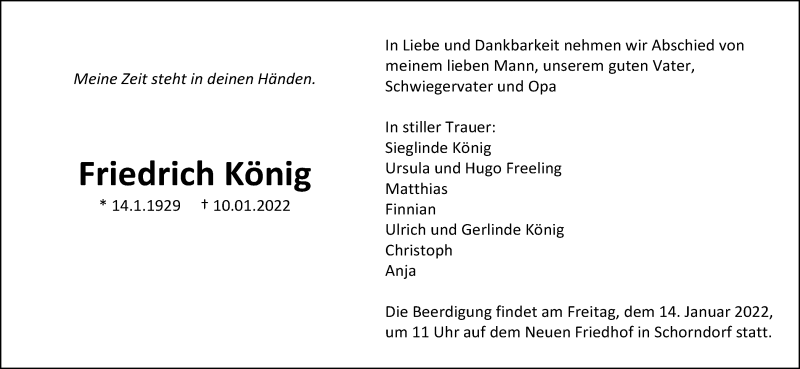  Traueranzeige für Friedrich König vom 12.01.2022 aus Waiblinger Kreiszeitung