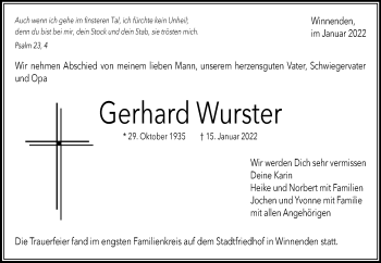 Traueranzeige von Gerhard Wurster von Waiblinger Kreiszeitung