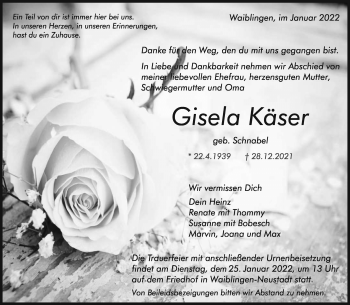Traueranzeige von Gisela Käser  von Waiblinger Kreiszeitung