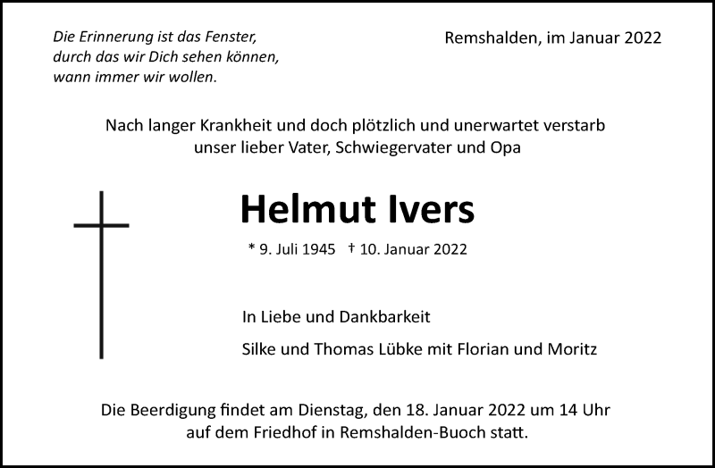  Traueranzeige für Helmut Ivers vom 15.01.2022 aus Waiblinger Kreiszeitung