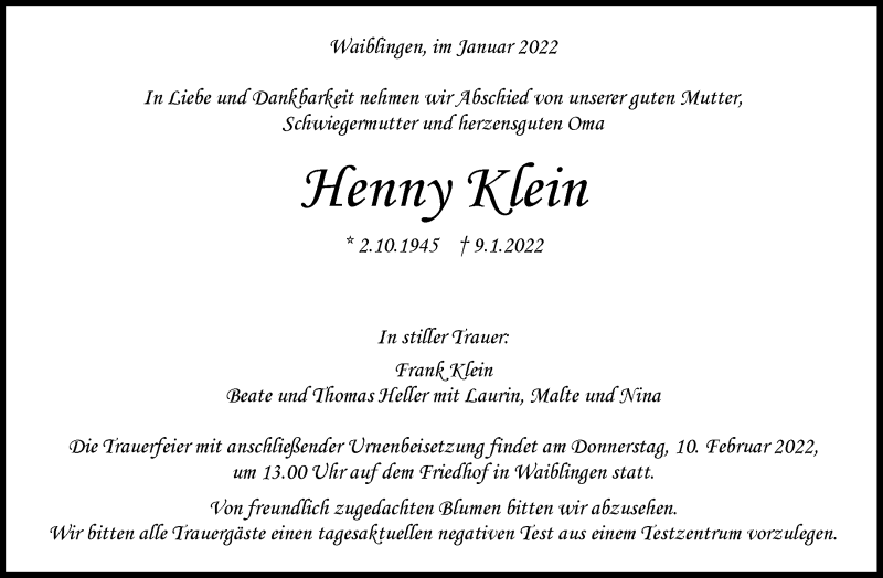  Traueranzeige für Henny Klein vom 15.01.2022 aus Waiblinger Kreiszeitung