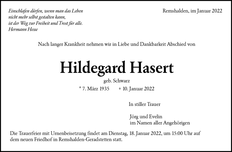  Traueranzeige für Hildegard Hasert vom 14.01.2022 aus Waiblinger Kreiszeitung