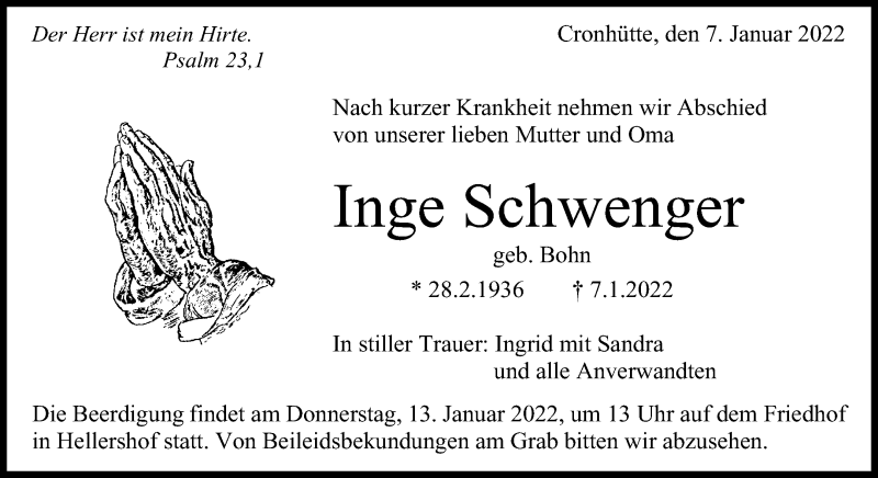  Traueranzeige für Inge Schwenger vom 11.01.2022 aus Waiblinger Kreiszeitung