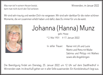 Traueranzeige von Johanna Munz von Waiblinger Kreiszeitung