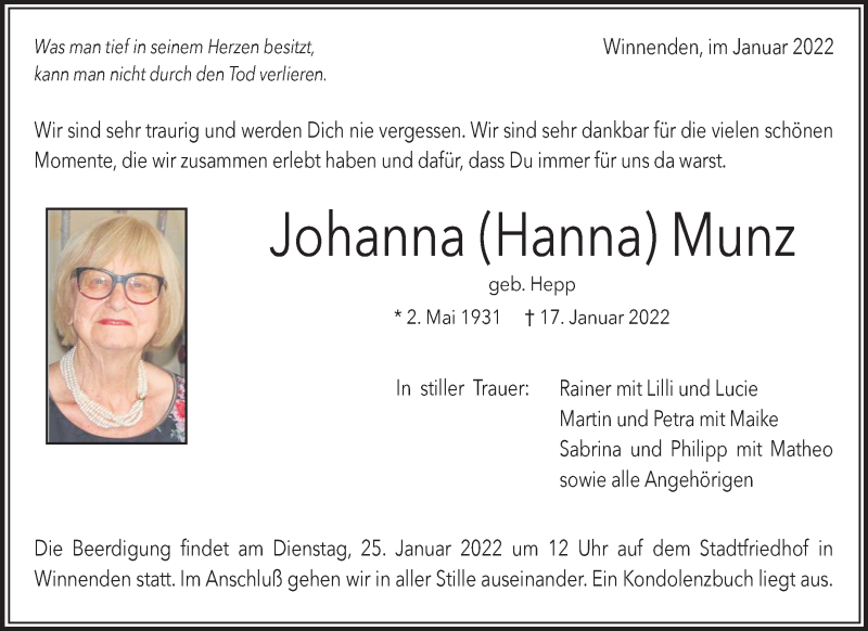  Traueranzeige für Johanna Munz vom 21.01.2022 aus Waiblinger Kreiszeitung