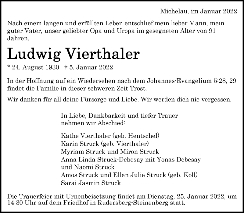  Traueranzeige für Ludwig Vierthaler vom 14.01.2022 aus Waiblinger Kreiszeitung