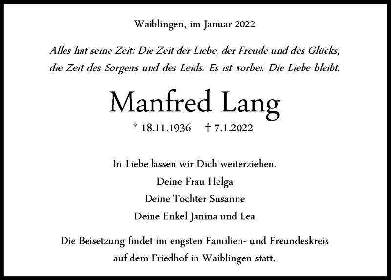  Traueranzeige für Manfred Lang vom 13.01.2022 aus Waiblinger Kreiszeitung