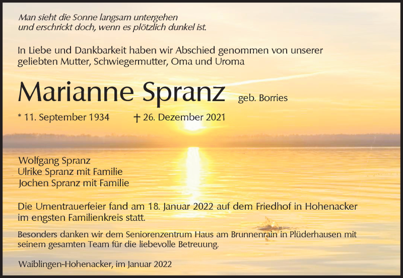  Traueranzeige für Marianne Spranz vom 19.01.2022 aus Waiblinger Kreiszeitung