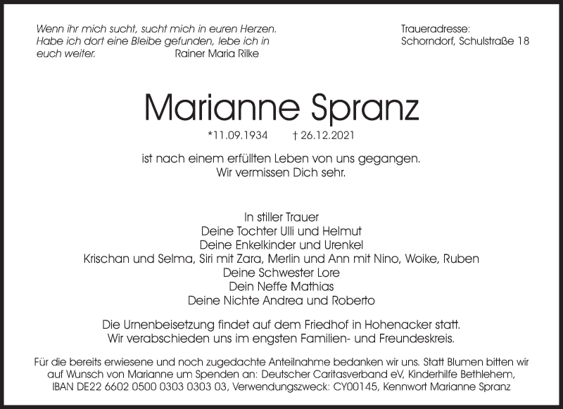  Traueranzeige für Marianne Spranz vom 15.01.2022 aus Waiblinger Kreiszeitung
