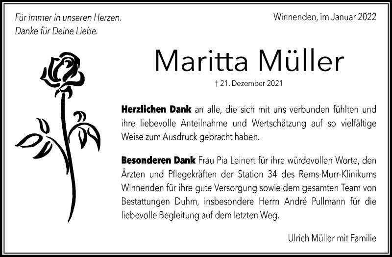  Traueranzeige für Maritta Müller vom 15.01.2022 aus Waiblinger Kreiszeitung