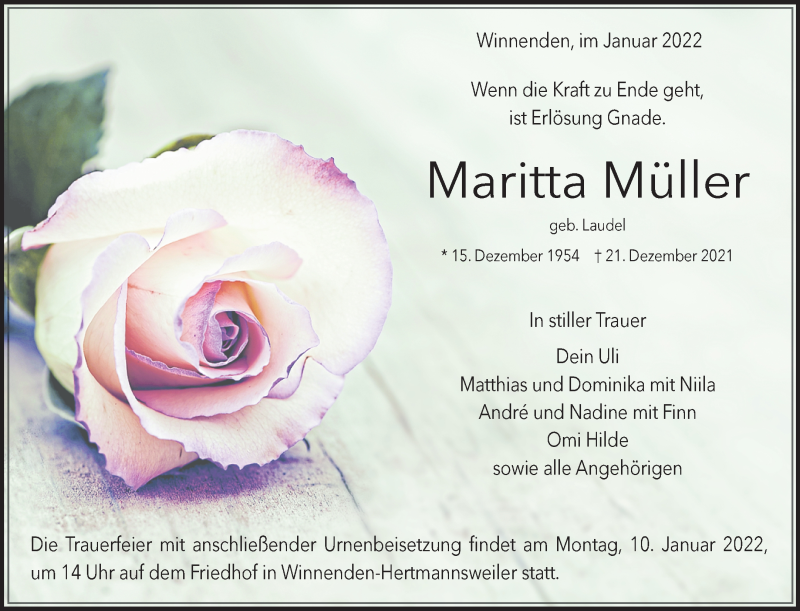  Traueranzeige für Maritta Müller vom 04.01.2022 aus Waiblinger Kreiszeitung