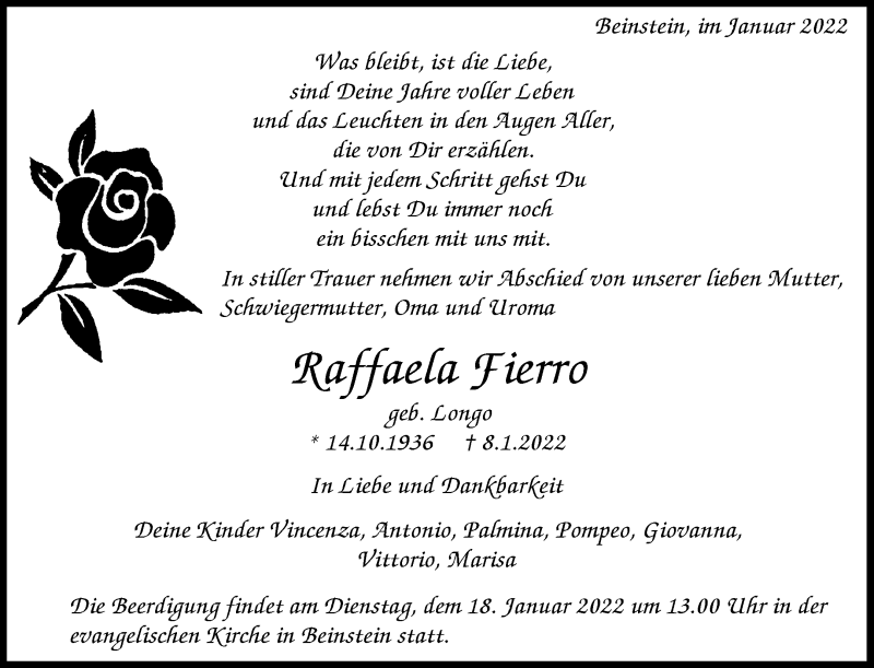  Traueranzeige für Raffaela Fierro vom 15.01.2022 aus Waiblinger Kreiszeitung