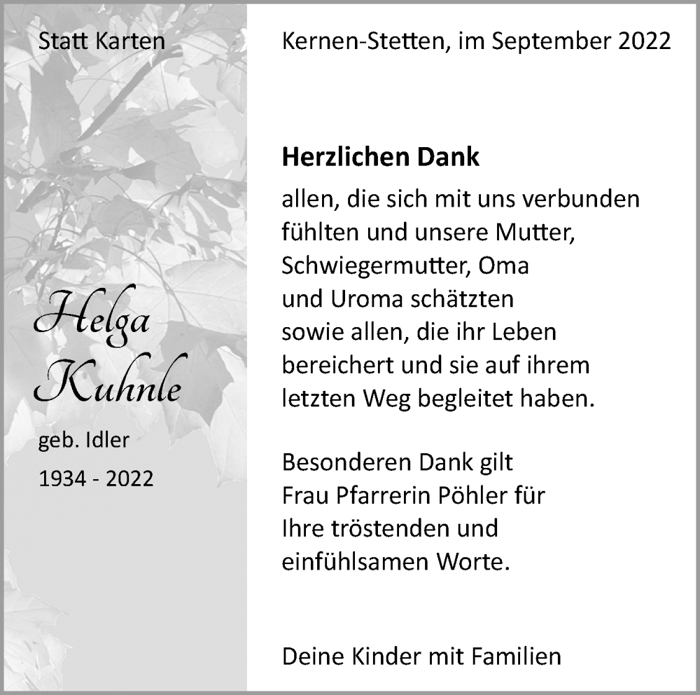  Traueranzeige für Helga Kuhnle vom 13.10.2022 aus Waiblinger Kreiszeitung