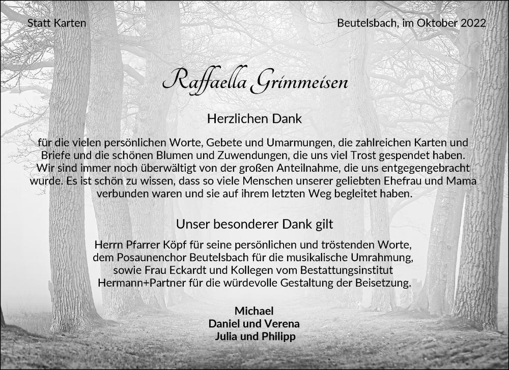  Traueranzeige für Raffaella Grimmeisen vom 15.10.2022 aus Waiblinger Kreiszeitung