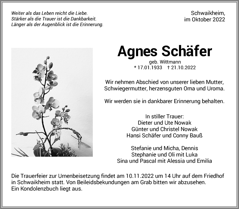  Traueranzeige für Agnes Schäfer vom 03.11.2022 aus Waiblinger Kreiszeitung