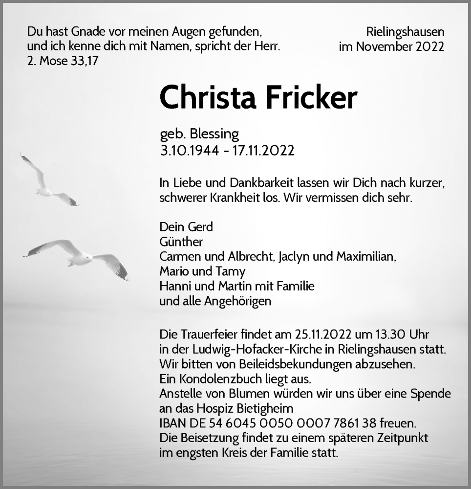  Traueranzeige für Christa Fricker vom 22.11.2022 aus Waiblinger Kreiszeitung