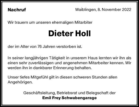 Traueranzeige von Dieter Holl von Waiblinger Kreiszeitung
