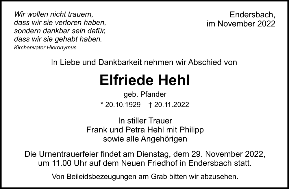  Traueranzeige für Elfriede Hehl vom 23.11.2022 aus Waiblinger Kreiszeitung