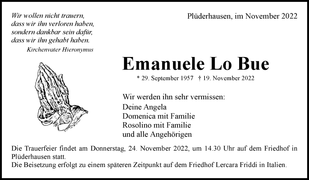  Traueranzeige für Emanuele Lo Bue vom 23.11.2022 aus Waiblinger Kreiszeitung